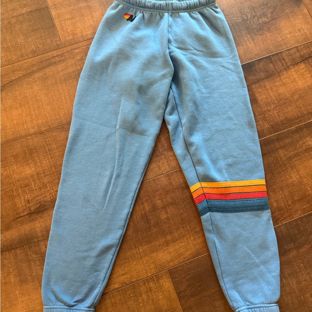Aviator Nation. Blue Sweatpants with Rainbow Stripe. Adult XS.